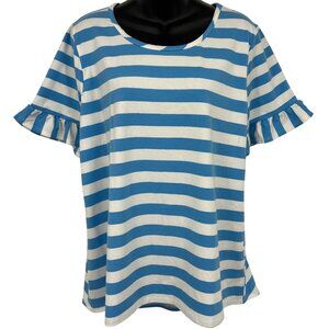 NY Collection Blue White Stripe Ruffle Sleeve Top Extra Large XL Round Neck New